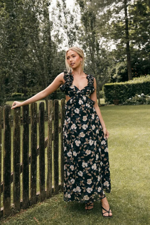 Event Dresses Lucah Frill Shoulder Maxi Dress Black Floral Petal and Pup Women
