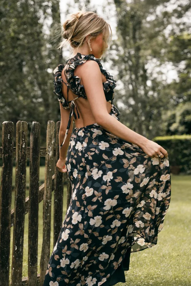 Event Dresses Lucah Frill Shoulder Maxi Dress Black Floral Petal and Pup Women