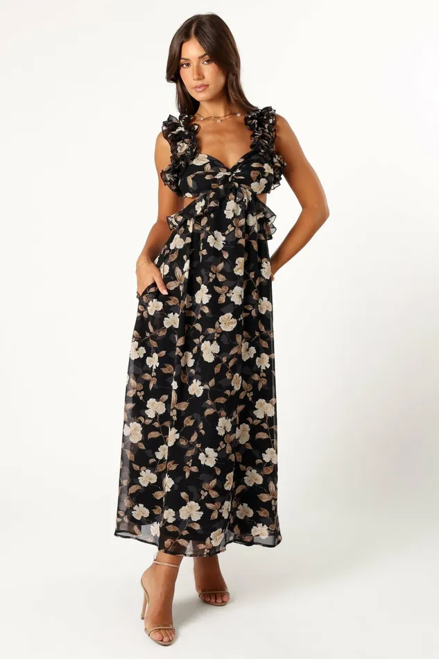 Event Dresses Lucah Frill Shoulder Maxi Dress Black Floral Petal and Pup Women