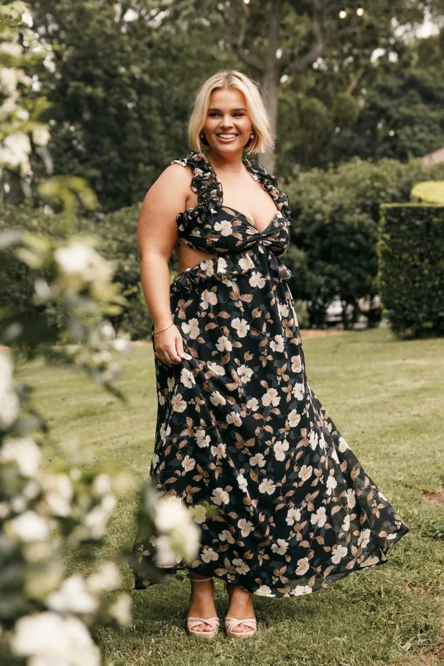 Event Dresses Lucah Frill Shoulder Maxi Dress Black Floral Petal and Pup Women