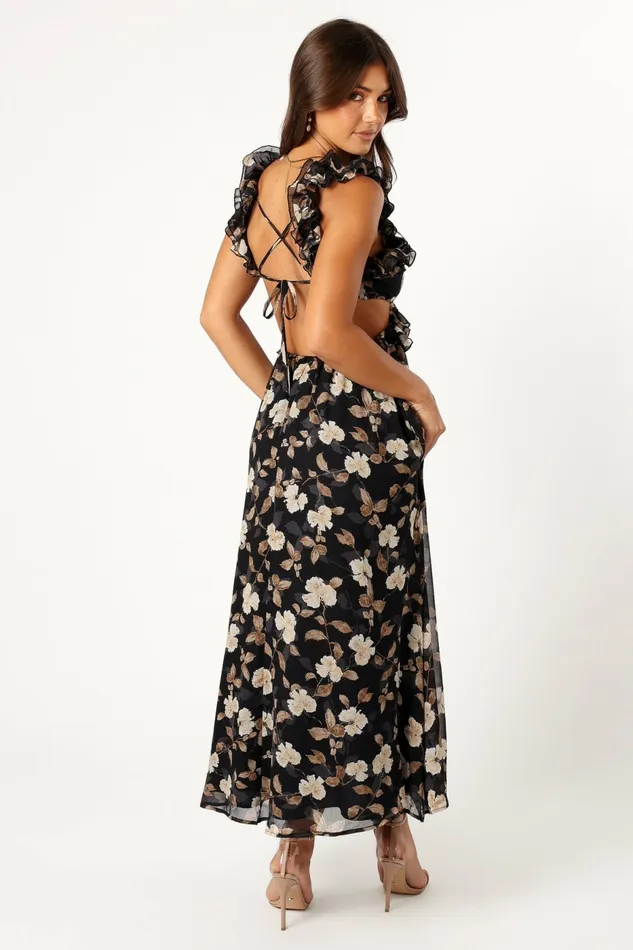 Event Dresses Lucah Frill Shoulder Maxi Dress Black Floral Petal and Pup Women