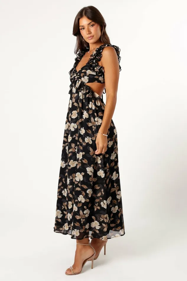 Event Dresses Lucah Frill Shoulder Maxi Dress Black Floral Petal and Pup Women