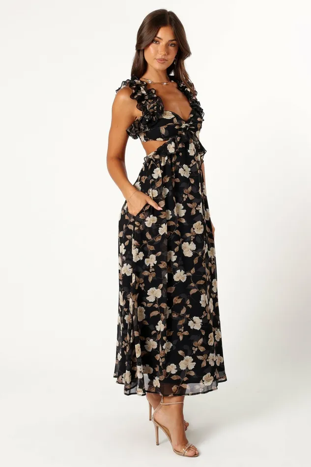 Event Dresses Lucah Frill Shoulder Maxi Dress Black Floral Petal and Pup Women