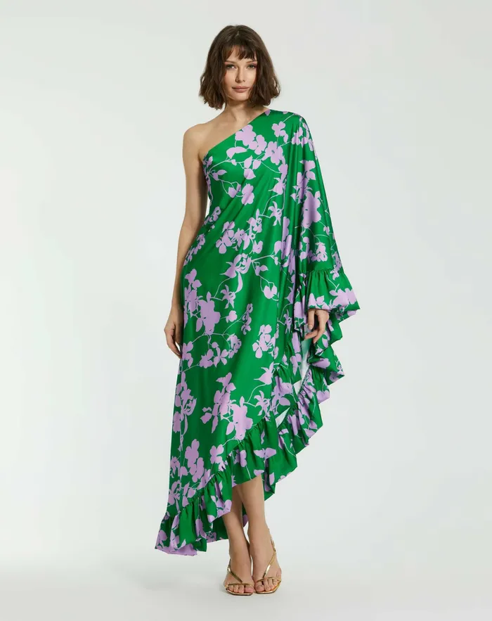 Every Day Dresses Mac Duggal Women Printed Charmeuse One Shoulder Draped Gown Green Multi Every Day Dresses Mac Duggal Women Printed Charmeuse One Shoulder Draped Gown Green Multi