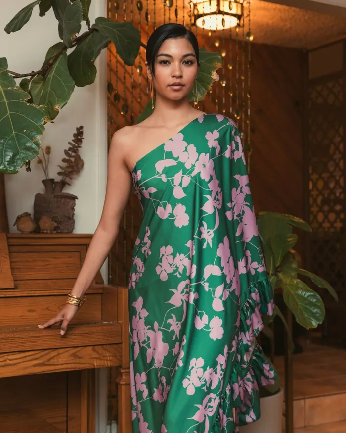 Every Day Dresses Mac Duggal Women Printed Charmeuse One Shoulder Draped Gown Green Multi