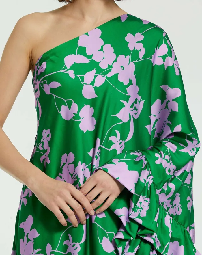 Every Day Dresses Mac Duggal Women Printed Charmeuse One Shoulder Draped Gown Green Multi