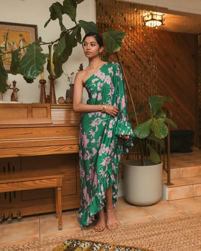 Every Day Dresses Mac Duggal Women Printed Charmeuse One Shoulder Draped Gown Green Multi