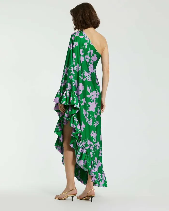Every Day Dresses Mac Duggal Women Printed Charmeuse One Shoulder Draped Gown Green Multi