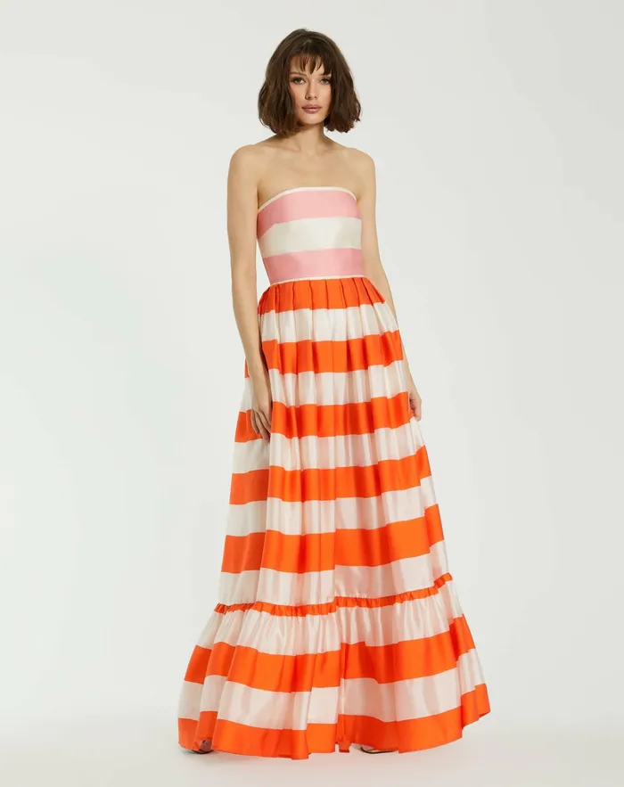 Every Day Dresses Mac Duggal Women Striped Organza Strapless Ruffle Maxi Dress Sunset Every Day Dresses Mac Duggal Women Striped Organza Strapless Ruffle Maxi Dress Sunset