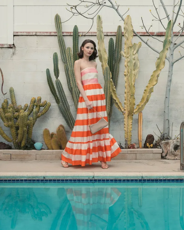 Every Day Dresses Mac Duggal Women Striped Organza Strapless Ruffle Maxi Dress Sunset