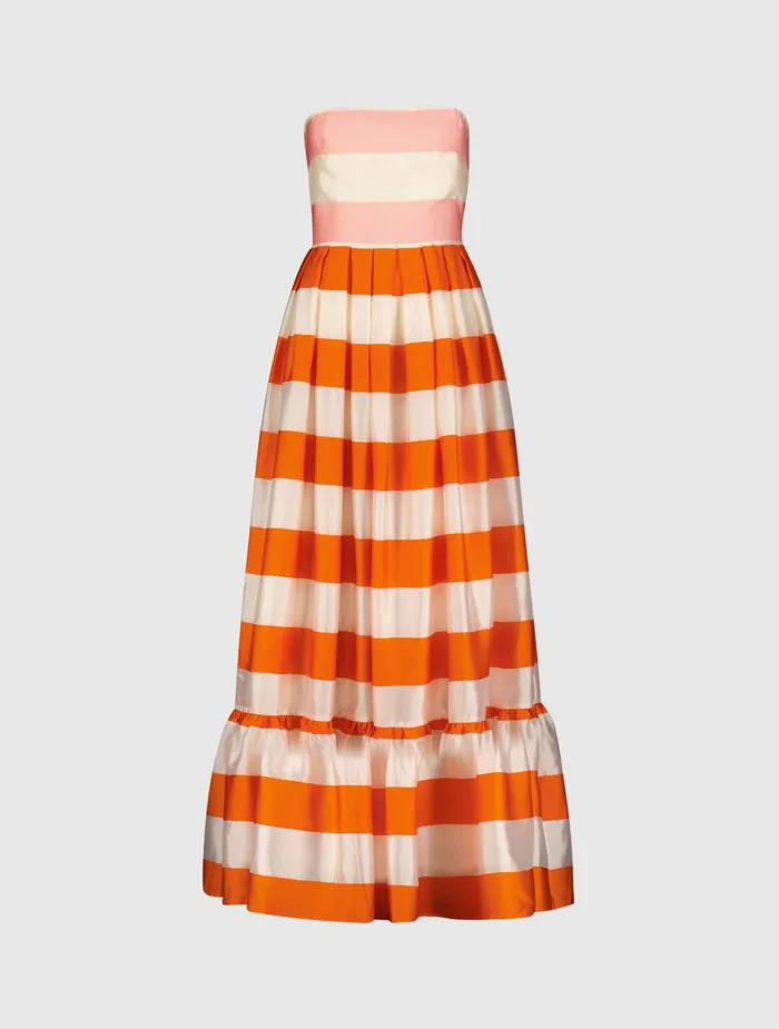 Every Day Dresses Mac Duggal Women Striped Organza Strapless Ruffle Maxi Dress Sunset