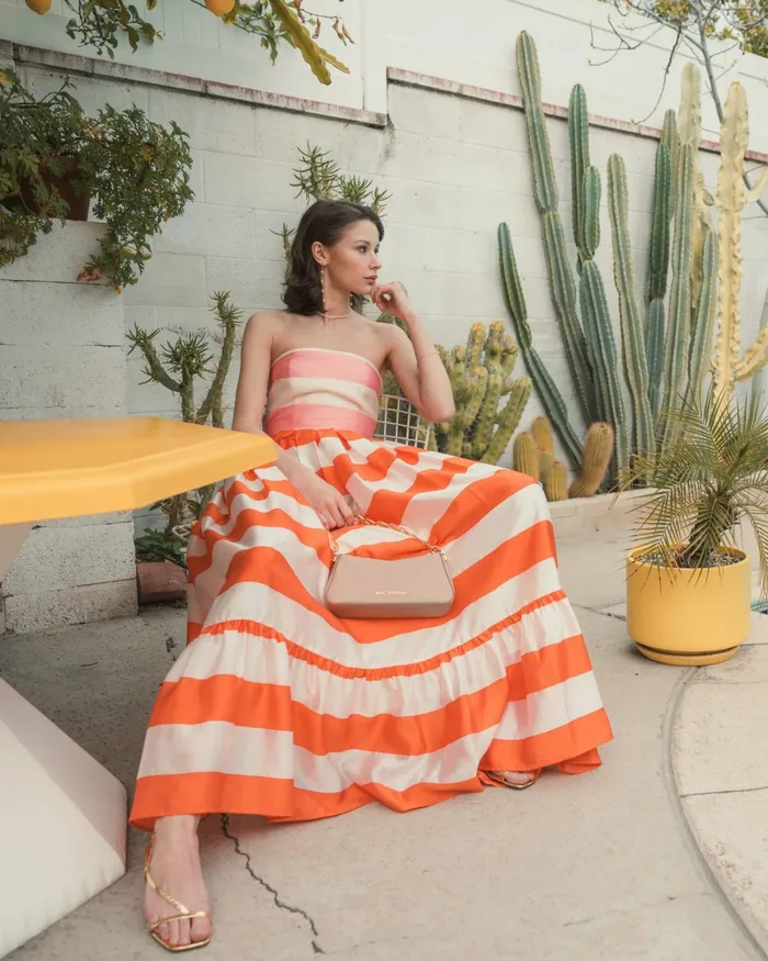 Every Day Dresses Mac Duggal Women Striped Organza Strapless Ruffle Maxi Dress Sunset