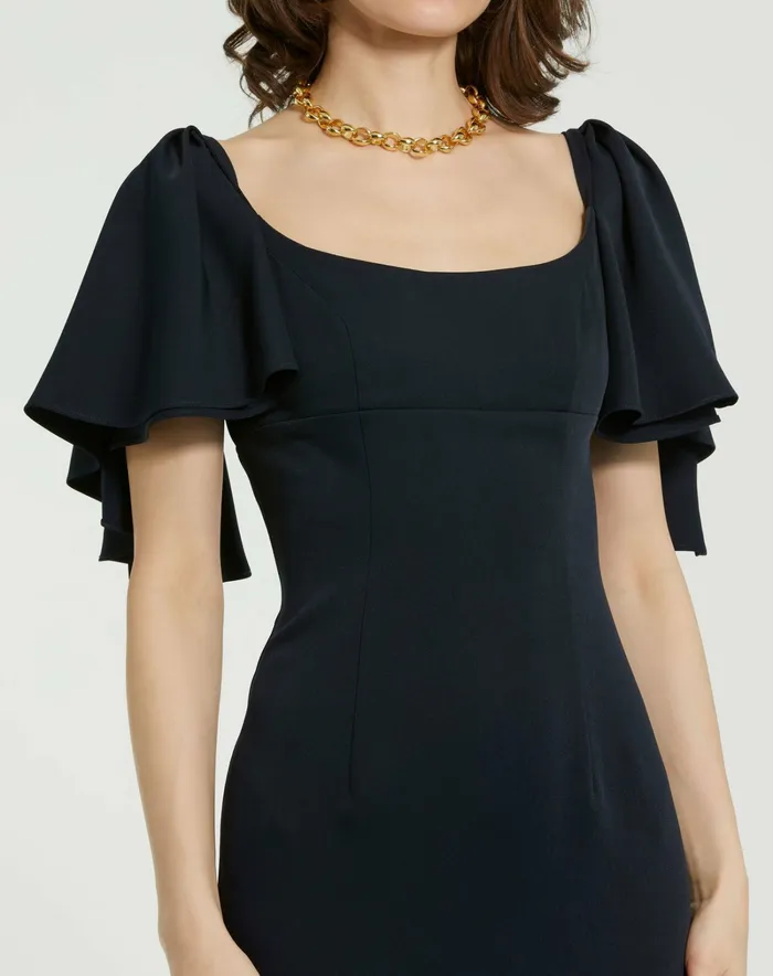 Every Day Dresses Women Mac Duggal Crepe Fitted Column Dress With Short Ruffle Sleeves Navy