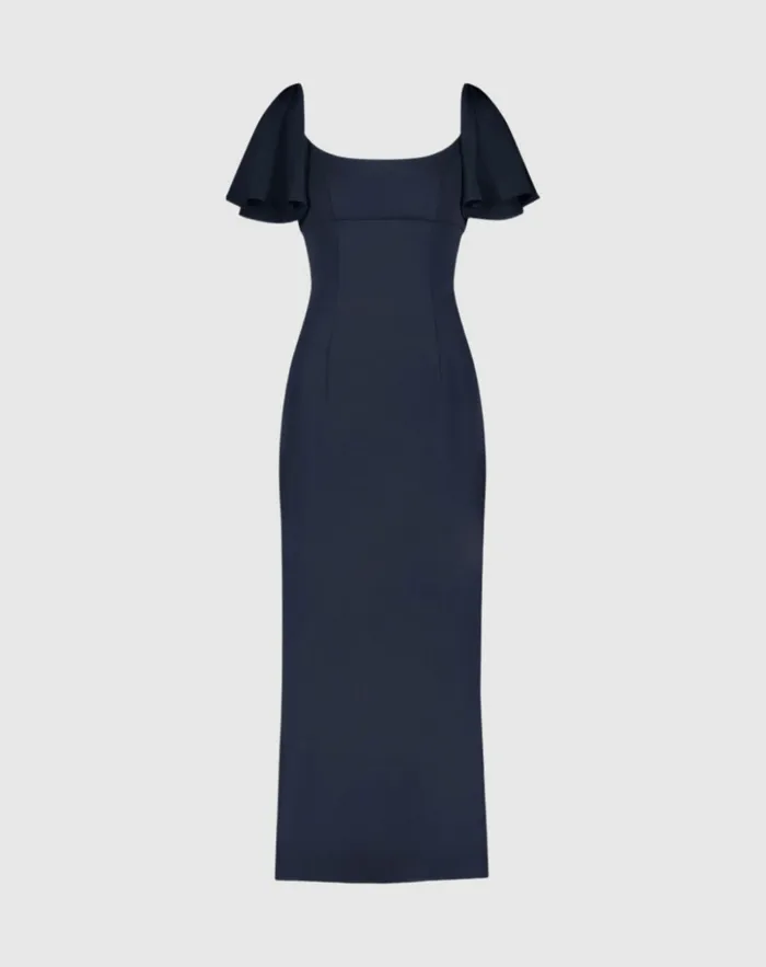 Every Day Dresses Women Mac Duggal Crepe Fitted Column Dress With Short Ruffle Sleeves Navy