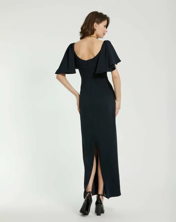 Every Day Dresses Women Mac Duggal Crepe Fitted Column Dress With Short Ruffle Sleeves Navy