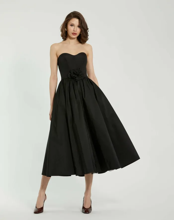 Faille Strapless A Line Midi Dress With 3D Rose Black Women Daytime Dresses Mac Duggal Faille Strapless A Line Midi Dress With 3D Rose Black Women Daytime Dresses Mac Duggal