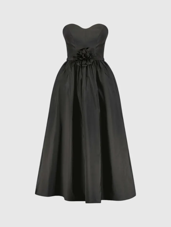 Faille Strapless A Line Midi Dress With 3D Rose Black Women Daytime Dresses Mac Duggal