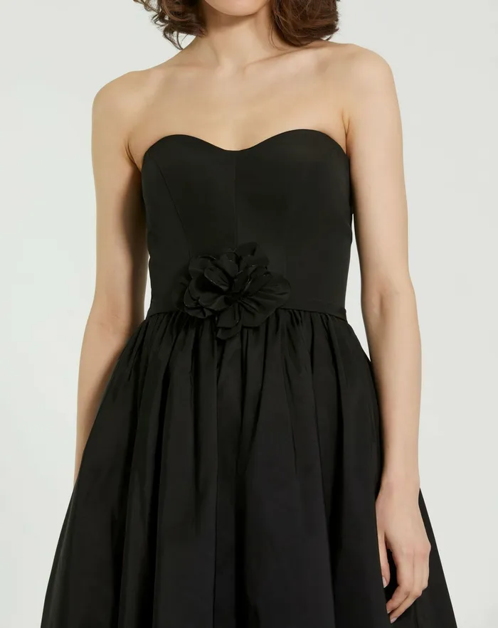 Faille Strapless A Line Midi Dress With 3D Rose Black Women Daytime Dresses Mac Duggal