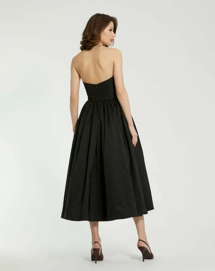 Faille Strapless A Line Midi Dress With 3D Rose Black Women Daytime Dresses Mac Duggal