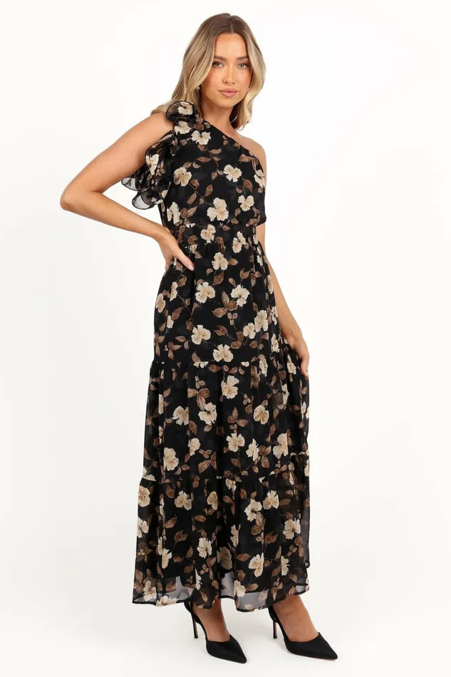 Fall Dresses Petal and Pup Women Layley One Shoulder Maxi Dress Black Floral