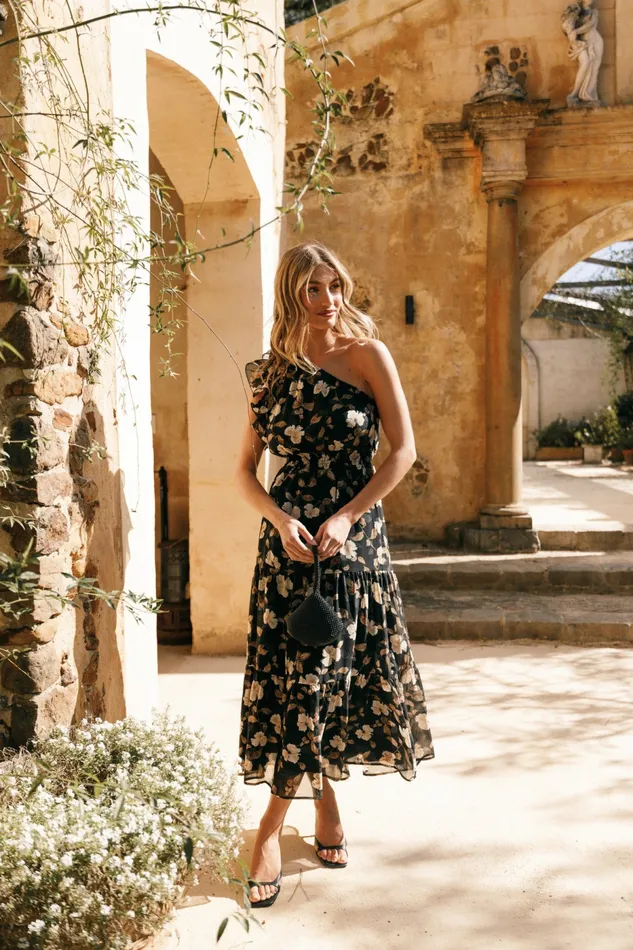 Fall Dresses Petal and Pup Women Layley One Shoulder Maxi Dress Black Floral