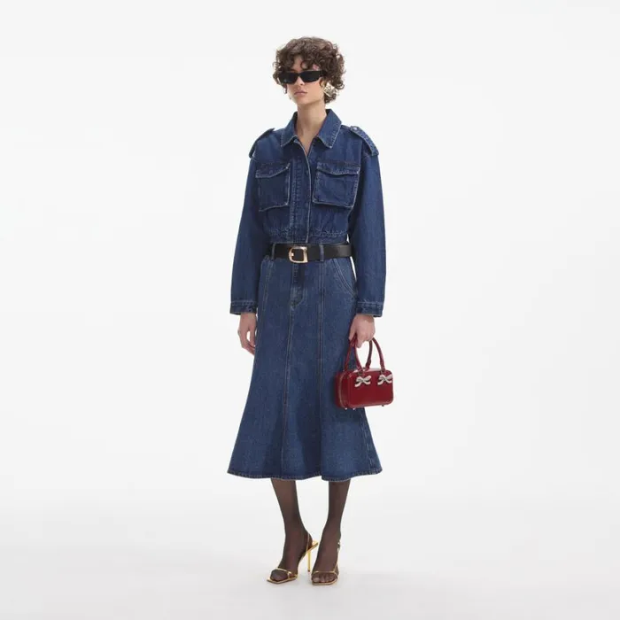Flared Denim Midi Skirt Women Self Portrait Denim Flared Denim Midi Skirt Women Self Portrait Denim