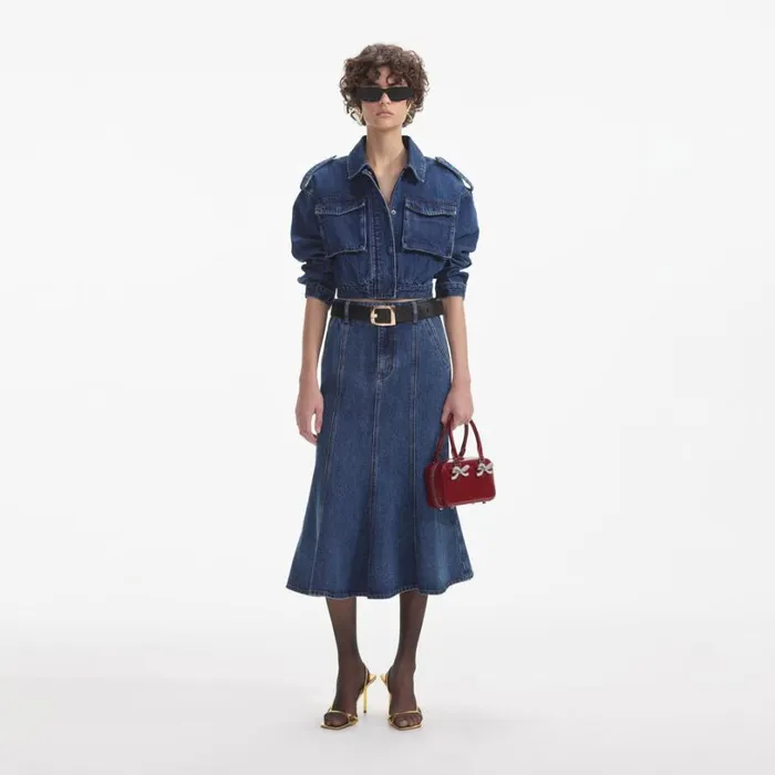 Flared Denim Midi Skirt Women Self Portrait Denim Flared Denim Midi Skirt Women Self Portrait Denim