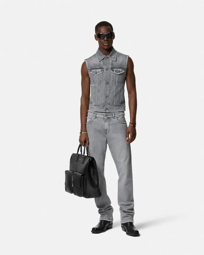 Frayed Denim Vest Gray Men Versace Shirts