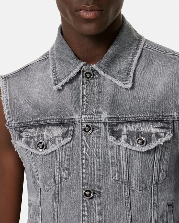 Frayed Denim Vest Gray Men Versace Shirts