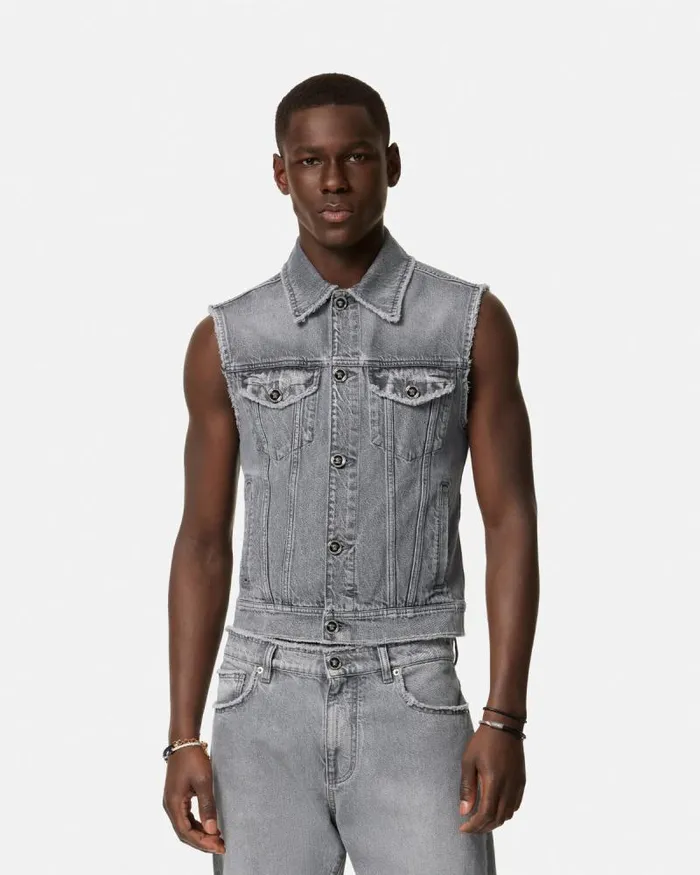 Frayed Denim Vest Gray Men Versace Shirts