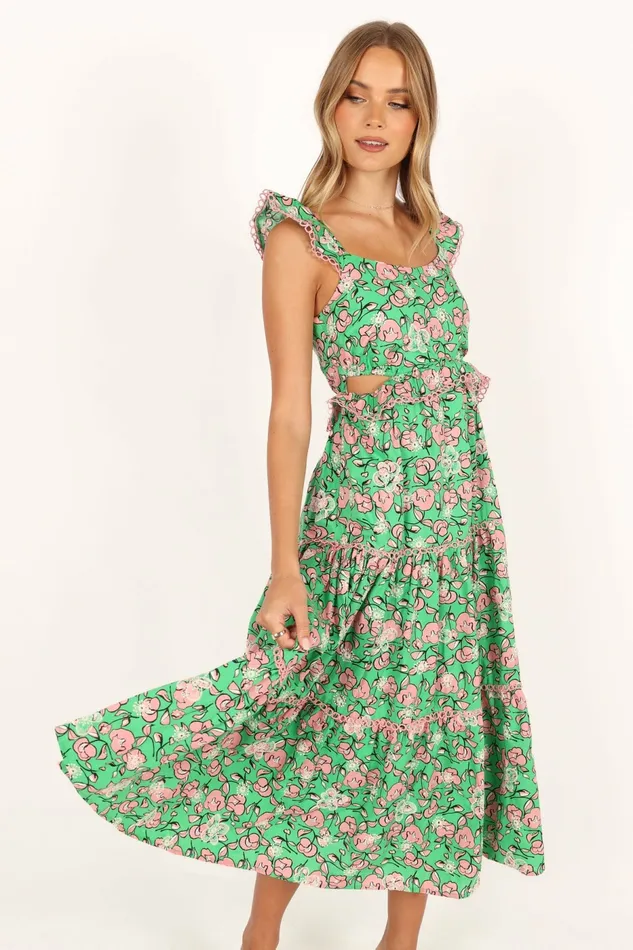 Gia Midi Dress Green Pink Women Floral Dresses Petal and Pup