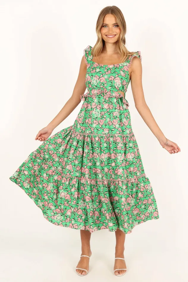 Gia Midi Dress Green Pink Women Floral Dresses Petal and Pup
