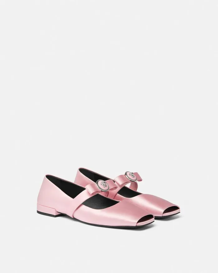 Gianni Ribbon Open Satin Ballerinas Light Pink Women Versace Loafers and Flats