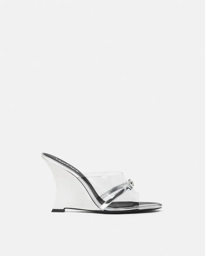 Gianni Ribbon Wedge Mules 95 Mm Silver Women Versace Sandals