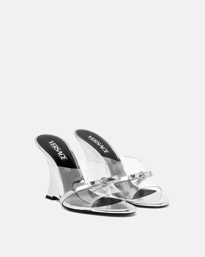 Gianni Ribbon Wedge Mules 95 Mm Silver Women Versace Sandals