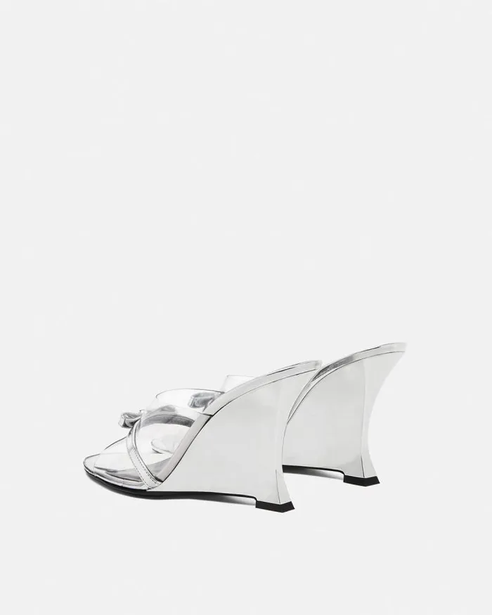 Gianni Ribbon Wedge Mules 95 Mm Silver Women Versace Sandals