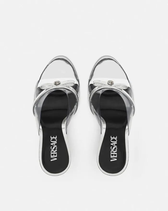 Gianni Ribbon Wedge Mules 95 Mm Silver Women Versace Sandals