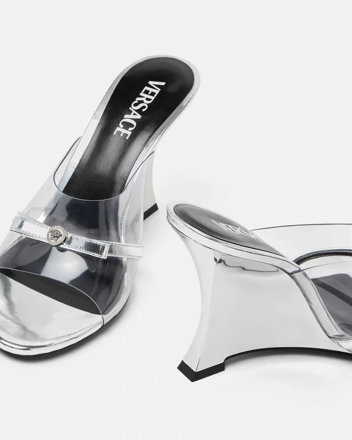 Gianni Ribbon Wedge Mules 95 Mm Silver Women Versace Sandals