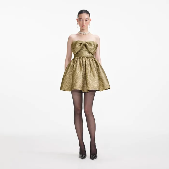 Gold Metallic Jacquard Mini Dress Women Self Portrait Dresses