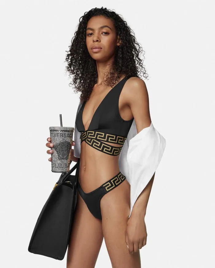 Greca Border Bikini Bottoms Black Women Versace Swimwear