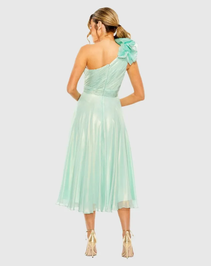 Green Rosette One Shoulder Tea Length Dress Sage Women Best Sellers Mac Duggal