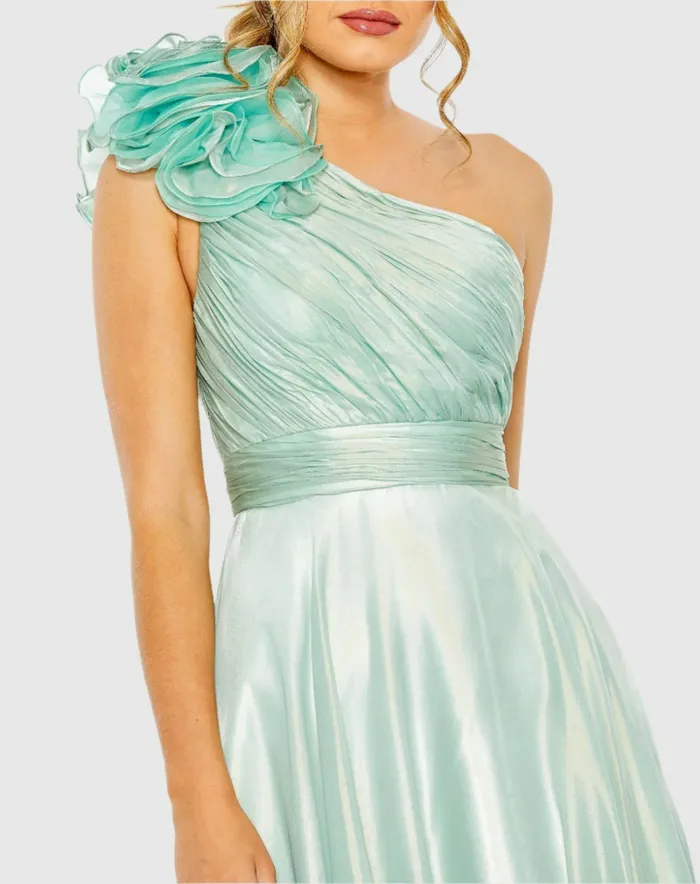 Green Rosette One Shoulder Tea Length Dress Sage Women Best Sellers Mac Duggal