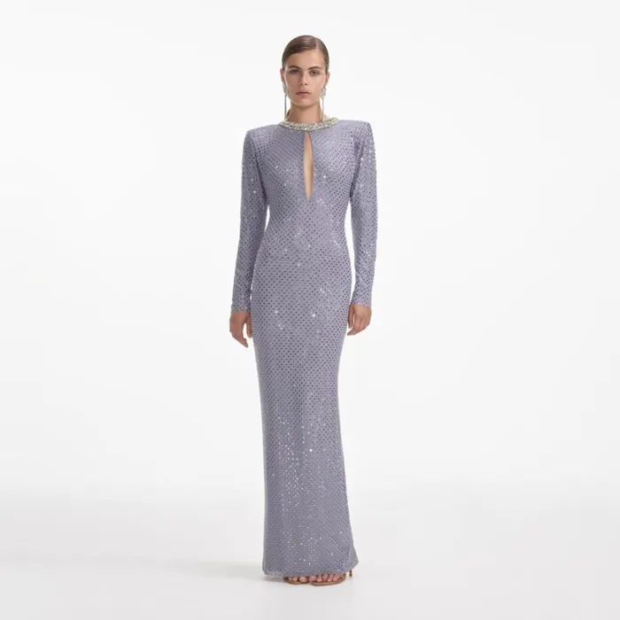 Grey Rhinestone Fishnet Maxi Dress Women Self Portrait Dresses