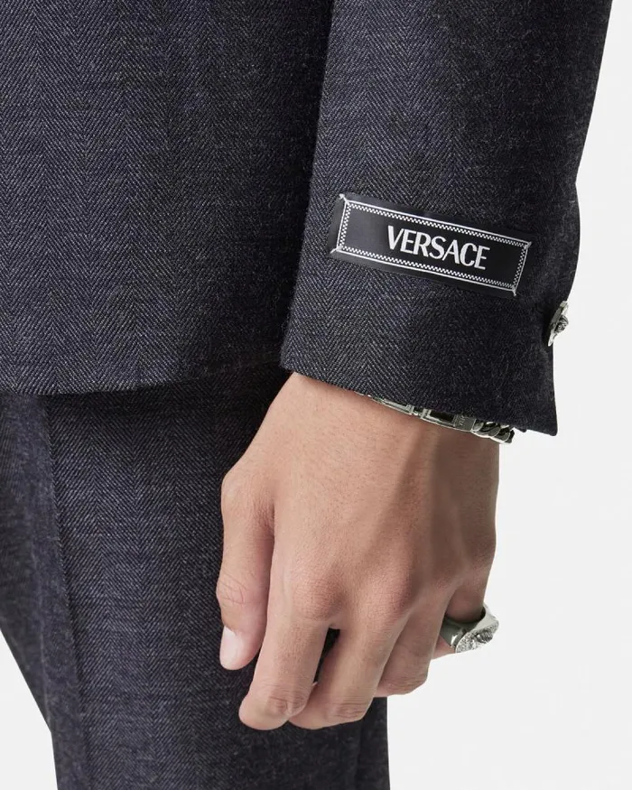 Herringbone SingleBreasted Blazer Gray Men Versace Blazers and Suits