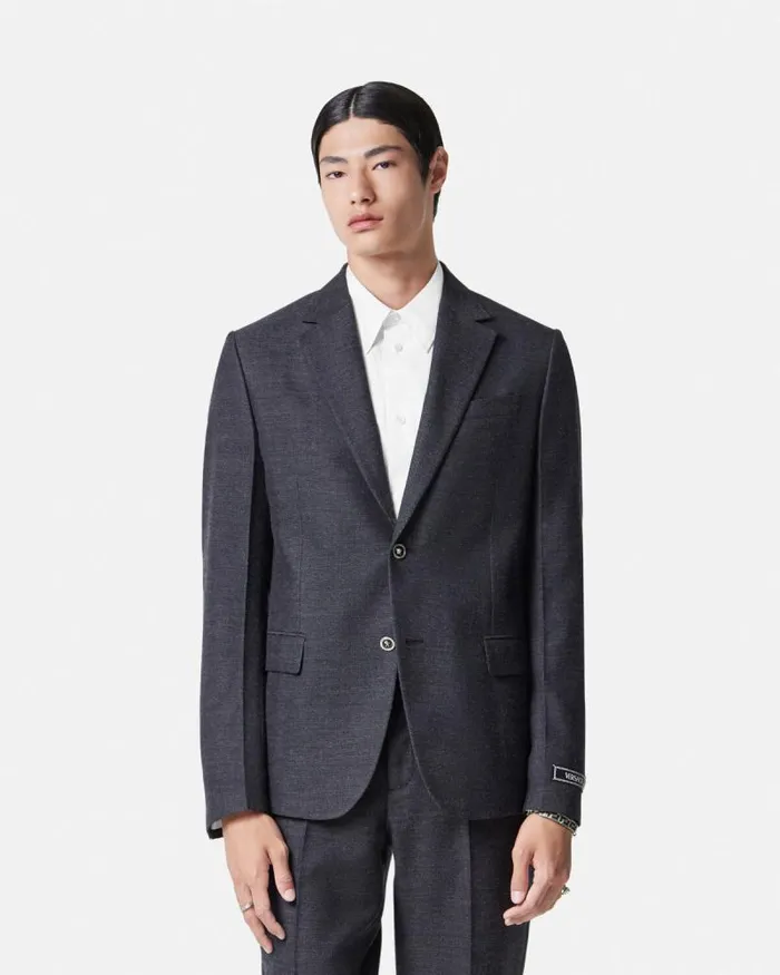 Herringbone SingleBreasted Blazer Gray Men Versace Blazers and Suits