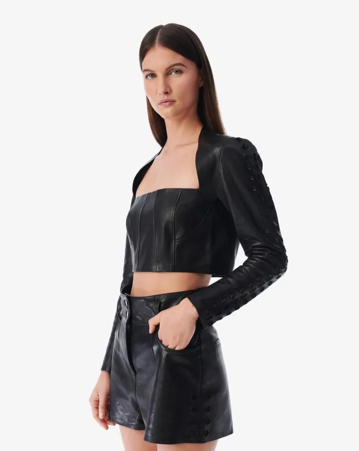 IRO ADA LEATHER EMBROIDERED CROPPED TOP Black Women Tops and Shirts