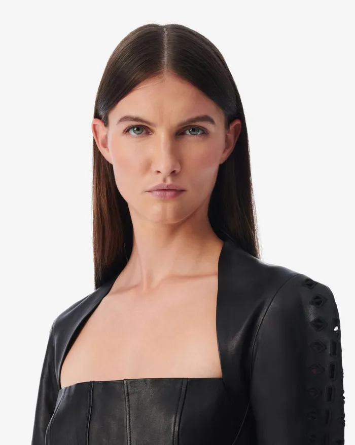 IRO ADA LEATHER EMBROIDERED CROPPED TOP Black Women Tops and Shirts