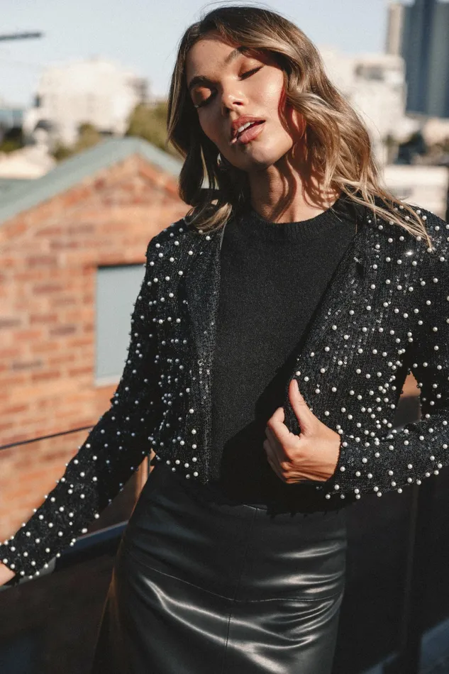 Jackets and Coats Monica All Over Pearl Crop Jacket Black Petal and Pup Women