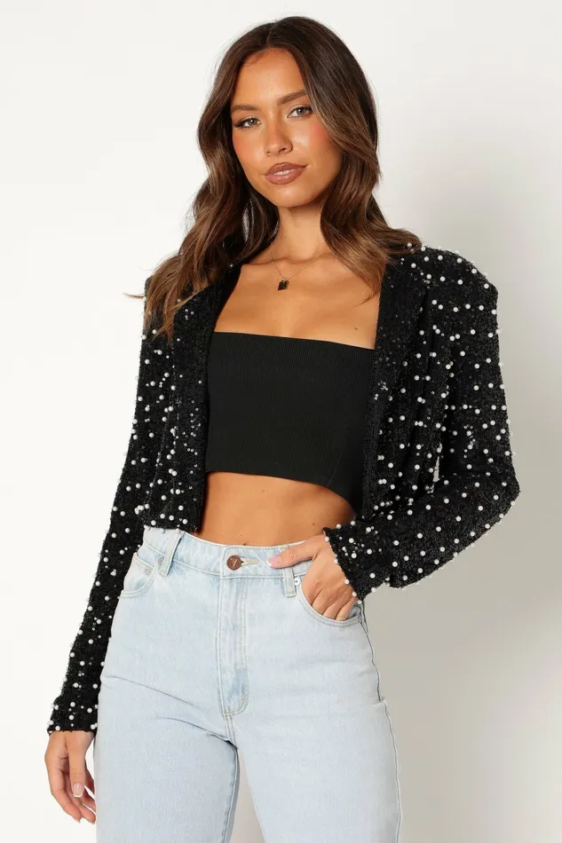 Jackets and Coats Monica All Over Pearl Crop Jacket Black Petal and Pup Women