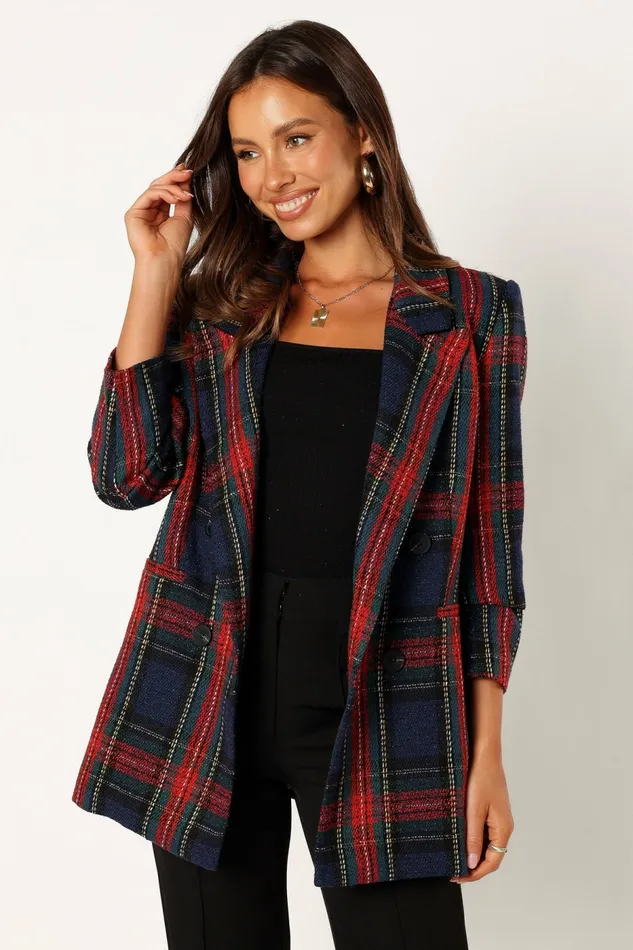 Jackets and Coats Vivienne Plaid Blazer RedNavy Multi 8211 Petal and Pup Women